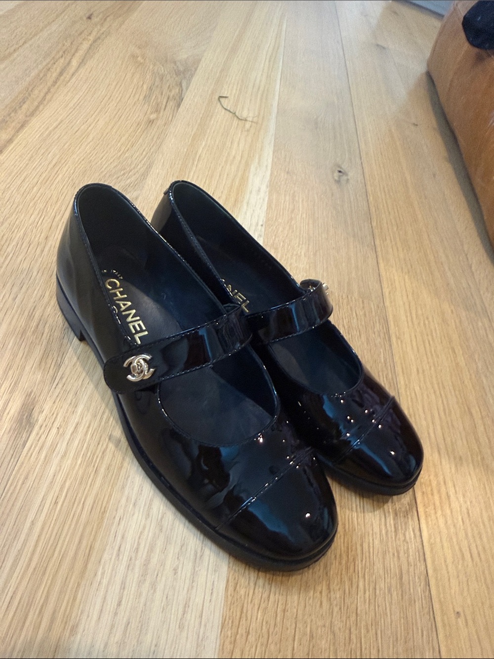 CHANEL Black Patent Mary Jane Loafers with CC Logo Strap